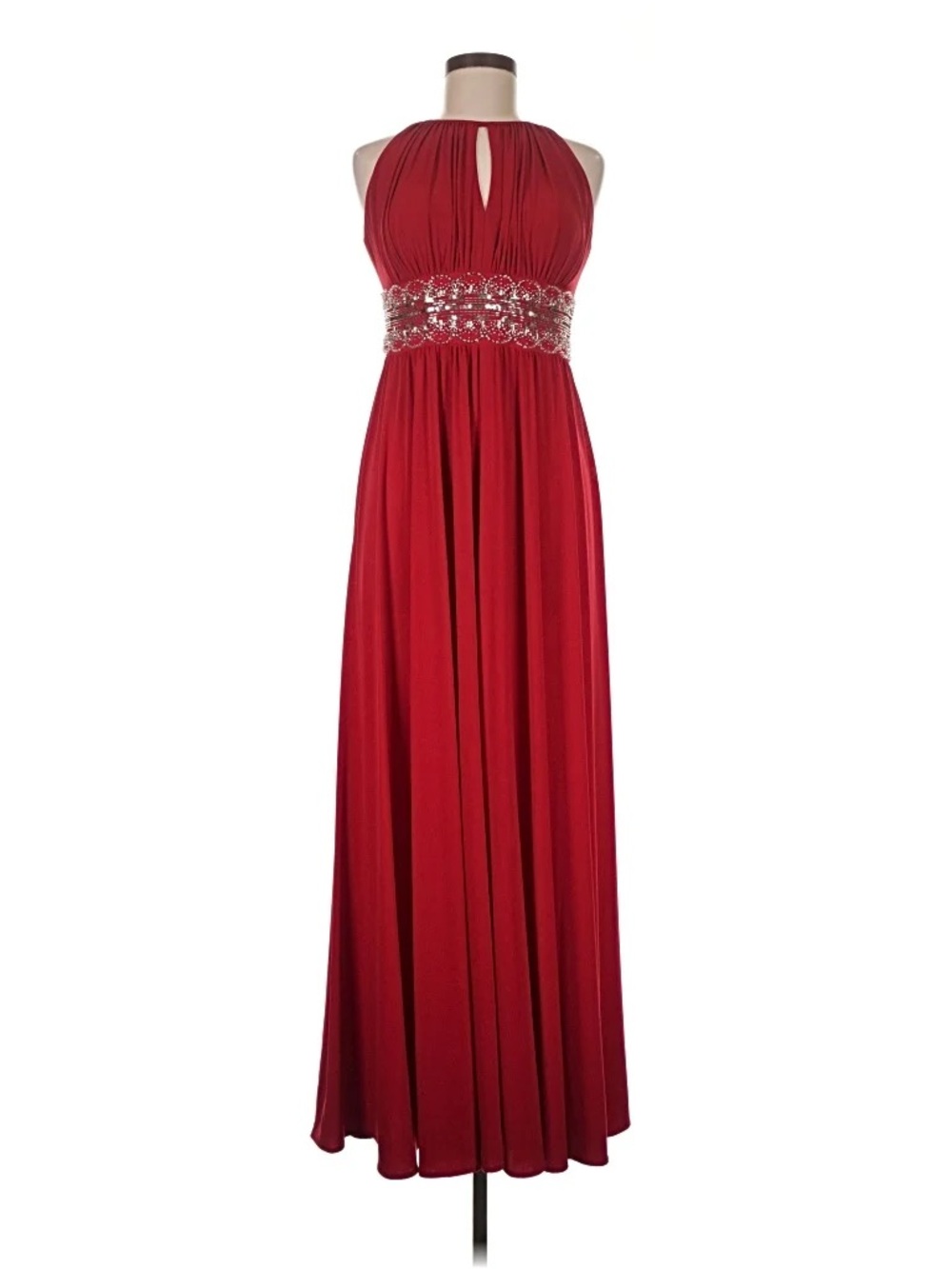 R&M Richards Red Halter Maxi Gown with Jeweled Waist
